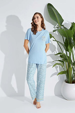 Aydoğan Kadın Mavi Desenli Viskon Kumaş Pijama Takımı