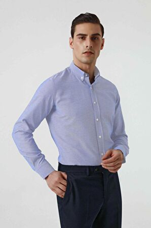 Slim Fit Mavi Armürlü Düğmeli Yaka Pamuklu Gömlek 5HC02ORT07265