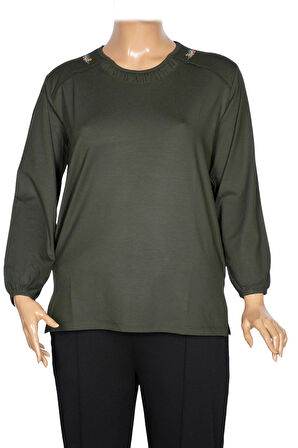 Cimariva Kadın Meyra Büyük Beden O Yaka Nakışlı Haki Bluz