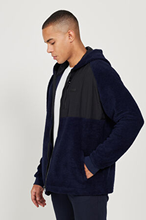 Erkek Lacivert Oversize Bol Kesim Kapüşonlu Sherpa Polar Sweatshirt Ceket