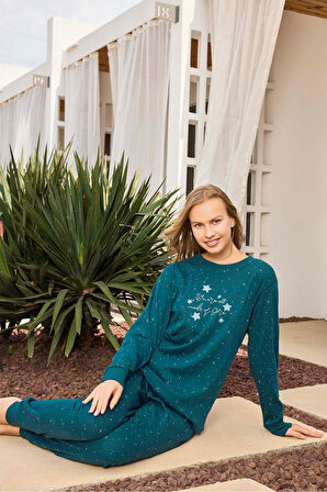 Aydoğan Kadın Lavin Ribana Manşetli Teal Renk Koton Pijama Takım 0524