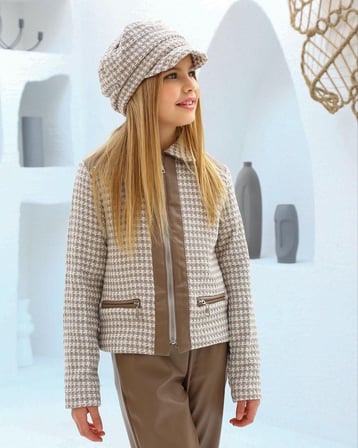Şanel Kumaş Deri Detaylı Ceket & Deri Pantolon & Şapka | 3’lü Kombin | 3-12 Yaş - 31431