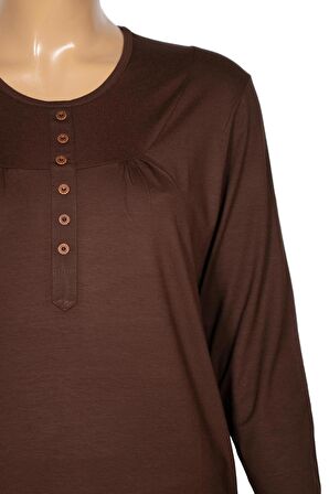 Cimariva Kadın Arsu Büyük Beden Robalı Süs Düğmeli Kahverengi Bluz