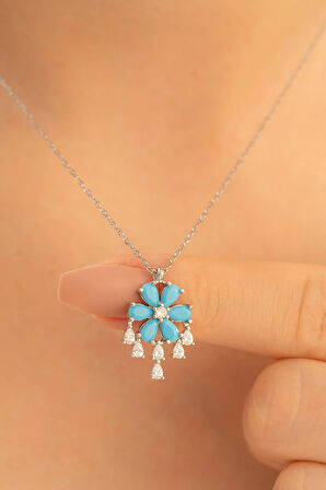 Kadın Gümüş Kolye - Zirkon Taşlı Ve Turkuaz Taşlı Çiçek Motifli Gümüş Kolye