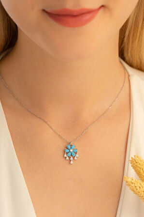 Kadın Gümüş Kolye - Zirkon Taşlı Ve Turkuaz Taşlı Çiçek Motifli Gümüş Kolye