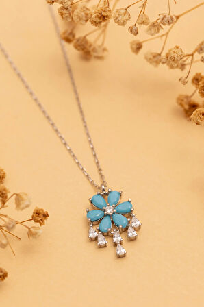 Kadın Gümüş Kolye - Zirkon Taşlı Ve Turkuaz Taşlı Çiçek Motifli Gümüş Kolye