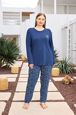 Aydoğan Kadın inci Büyük Beden İndigo Mavi Pijama Takımı 0494