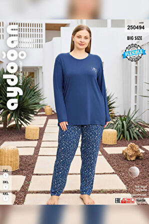 Aydoğan Kadın inci Büyük Beden İndigo Mavi Pijama Takımı 0494