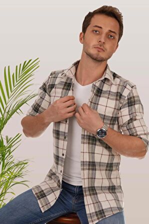 Krem Yeşil Desenli Oduncu Gömlek