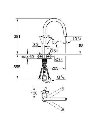 Grohe Eviye Bataryası Spiralli 2 Fonk. Eurocosmo Krom- 31481001