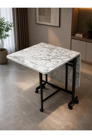 Çok Amaçlı Açılır Katlanır Ahşap Kelebek Masa Beyaz Mermer 60x120