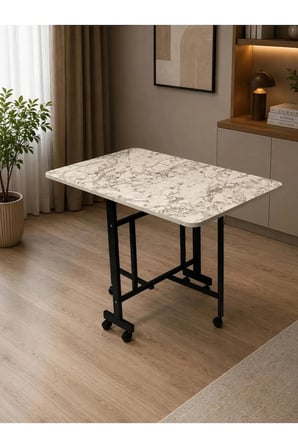Çok Amaçlı Açılır Katlanır Ahşap Kelebek Masa Beyaz Mermer 60x120