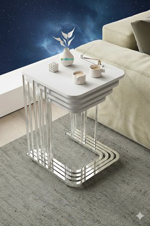 Orkide Tekerlekli 4 Lü Zigon Sehpa Gümüş- Beyaz Mdf Zigon Sehpa
