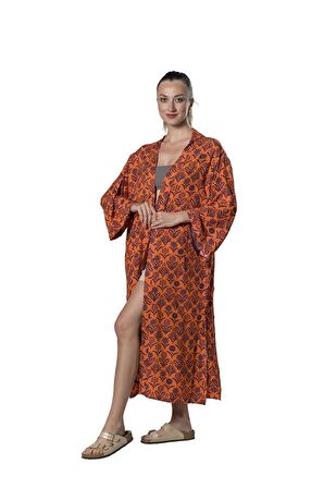 Özel Tasarım Pamuk Viskon Uzun Kimono - Güneş