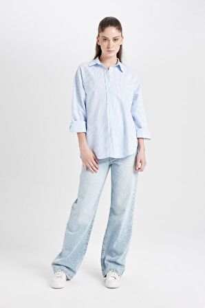 DeFacto Oversize Geniş Kalıp Çizgili Oxford Uzun Kollu Gömlek D4015AX24AUBE306