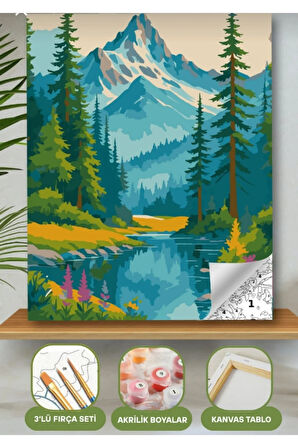 Sayılarla Boyama Seti 40x50 Cm (Çıtalı) Fırça Boya Dahil Numaralı Tuval Nehir Dağ Manzara