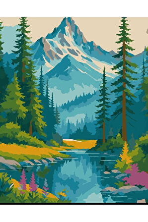 Sayılarla Boyama Seti 40x50 Cm (Çıtalı) Fırça Boya Dahil Numaralı Tuval Nehir Dağ Manzara