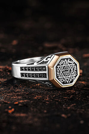 Erkek Gümüş Yüzük - Çift Zirkon Taşlı Hz. Süleyman Mührü Erkek Yüzük