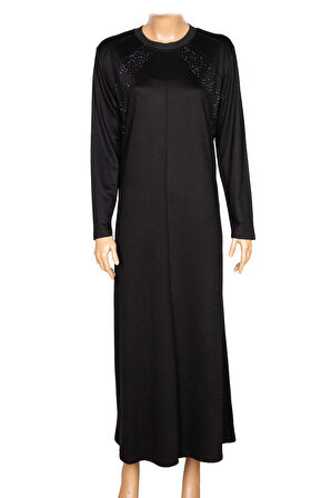 Elele Kadın Alice Büyük Beden Nervürlü Taşlı Boydan Siyah Elbise