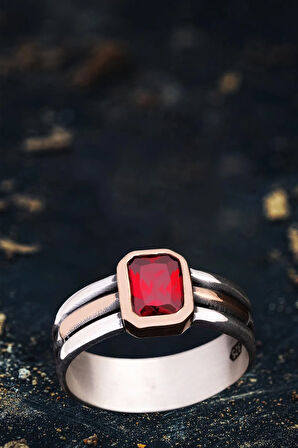Erkek Gümüş Yüzük - Kırmızı Yakut Taşlı Ince Kibar Erkek Yüzüğü