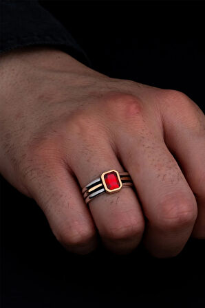 Erkek Gümüş Yüzük - Kırmızı Yakut Taşlı Ince Kibar Erkek Yüzüğü