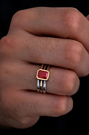 Erkek Gümüş Yüzük - Kırmızı Yakut Taşlı Ince Kibar Erkek Yüzüğü