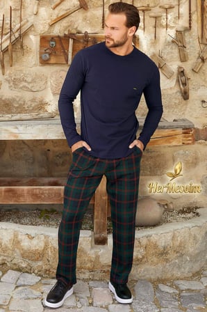 Aydoğan Erkek Kışlık Pijama Takımı Pamuklu Uzun Kol Jakarlı Koyu Mor Berk J-3381