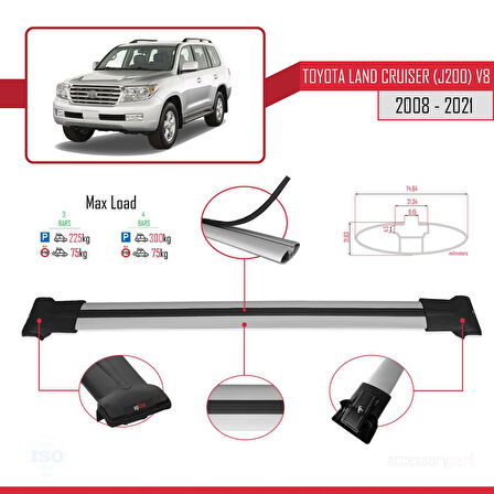 Toyota Land Cruiser V8 (J200) 2008-2021 Arası ile Uyumlu FLY Model Ara Atkı Tavan Barı Gri 3 Adet