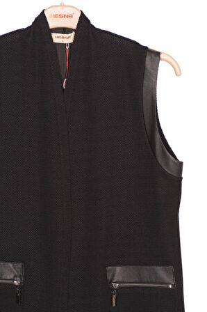 Hesna Kadın Deniz Şönil Derili Fermuar Detaylı Siyah Yelek