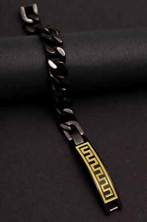 Erkek Çelik Bileklik - Grek Desenli Siyah Çelik Bileklik