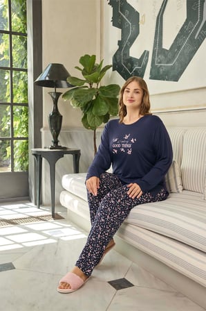 Aydoğan Kadın Büyük Beden Good Things Lacivert İnci Pijama Takımı 0646