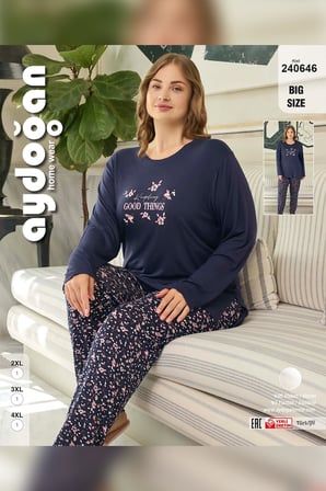 Aydoğan Kadın Büyük Beden Good Things Lacivert İnci Pijama Takımı 0646