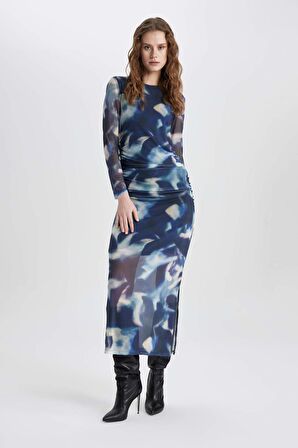 DeFacto Bodycon Yuvarlak Yaka Batik Tül Midi Uzun Kollu Elbise C5082AX24SPBE181