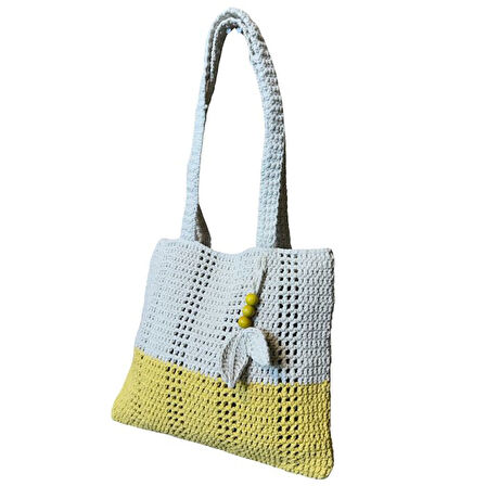 Uretti - Emine 9106 El Örgüsü Ahşap Boncuklu Çift Renk Model Pamuk İp Omuz Çantası - 30 x 26