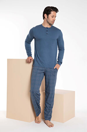 Erkek 3 Düğmeli Ekose Desenli Pamuk Likra Mevsimlik Modal Uzun Kol Manşetli Cepli Pijama Takımı