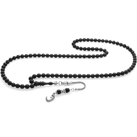 Tesbihane -  925 Ayar Gümüş Püsküllü Küre Kesim Siyah Sıkma Kehribar 99luk Tesbih