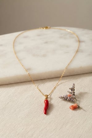 316L Çelik Gold Renk Zincir Kırmızı Kapya Biber Model Kadın Kolye