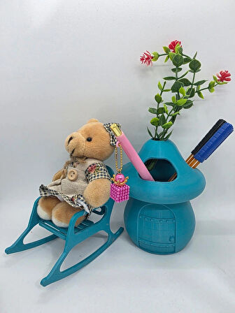 CEVİZDİZAYN KALEMLİK SET  BAYBBEAR MİNİ SALLANAN SANDALYE AYICIK & 3 GÖZLÜ KALEMLİK SETİ 🧸✏️