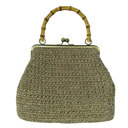 Uretti - Öznur 7392 4576El Örgüsü Ahşap Askılı Simli Kağıt İp El Çantası  / 29 cm x 22 cm