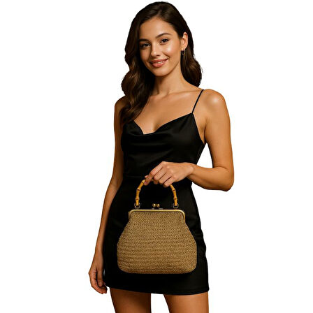 Uretti - Öznur 7392 4576El Örgüsü Ahşap Askılı Simli Kağıt İp El Çantası  / 29 cm x 22 cm