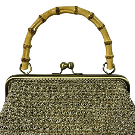 Uretti - Öznur 7392 4576El Örgüsü Ahşap Askılı Simli Kağıt İp El Çantası  / 29 cm x 22 cm