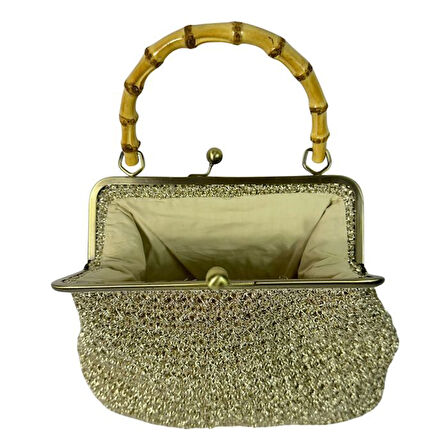 Uretti - Öznur 7392 4576El Örgüsü Ahşap Askılı Simli Kağıt İp El Çantası  / 29 cm x 22 cm