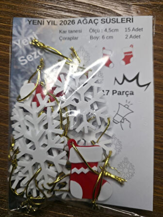 Çam Ağacı Süsleri – Yılbaşı süsleri –– Yeni yıl – Çorap - Kar tanesi objeler -  17 Adet OBJE