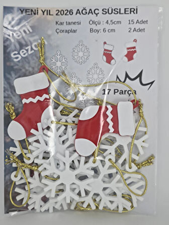Çam Ağacı Süsleri – Yılbaşı süsleri –– Yeni yıl – Çorap - Kar tanesi objeler -  17 Adet OBJE