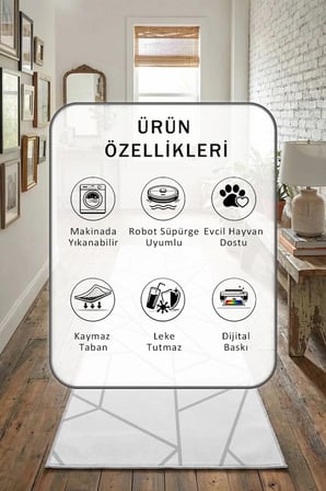 Bölmeli Gri Beyaz Yıkanabilir Kaymaz Taban Dijital Baskılı Yolluk Halı Beyaz Gri