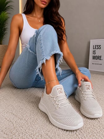 Pasomia ünisex triko esnek sneaker bej spor ayakkabı