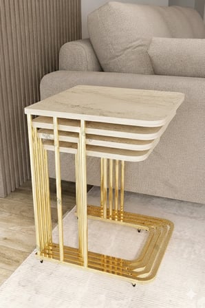 Orkide Tekerlekli 4 Lü Zigon Sehpa Gold - Traverten
