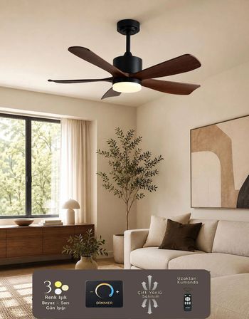 German Brown+Black 2026 Yeni Compact Tasarım 105 CM 5 Kanatlı DC Sessiz Motor Tavan Vantilatörü Dim Ayarlı