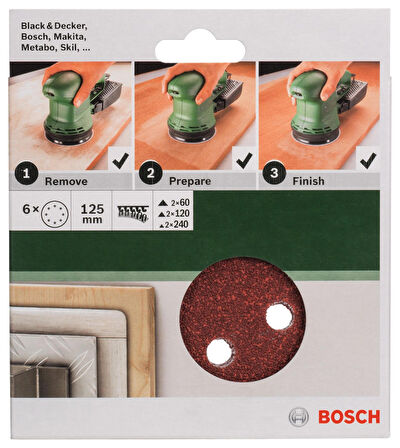 Bosch 125 mm 60/120/240 Kum 8 Delik Eksantirik Zımpara Kağıdı 6'lı Set - 2609256A28