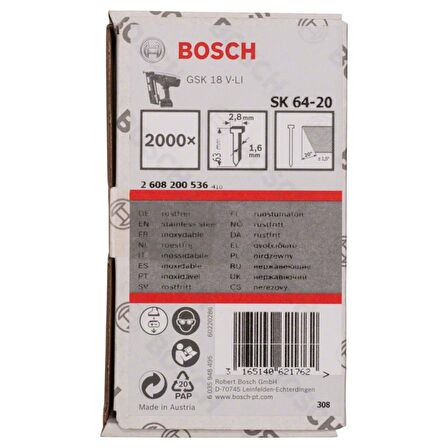 Bosch Gnh 18v-64 m Uyumlu SK64-20 NR Paslanmaz Başsız Çivi 63mm 2000 Adet 2608200536